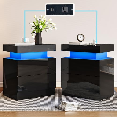 Amerlife CCT027-1061110358N High Gloss Led Nightstand Set Of 2 With Charging Station, Modern Bedside Table Night Stand With Led Lights, Sofa End Side Tables With Drawers For Bedroom cover