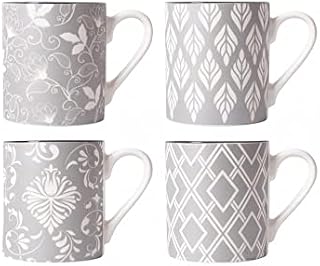 YöL Set Of 4 Porcelain New Bone China Mugs Coffee Tea Cup 17oz Grey White Floral Geometric Large