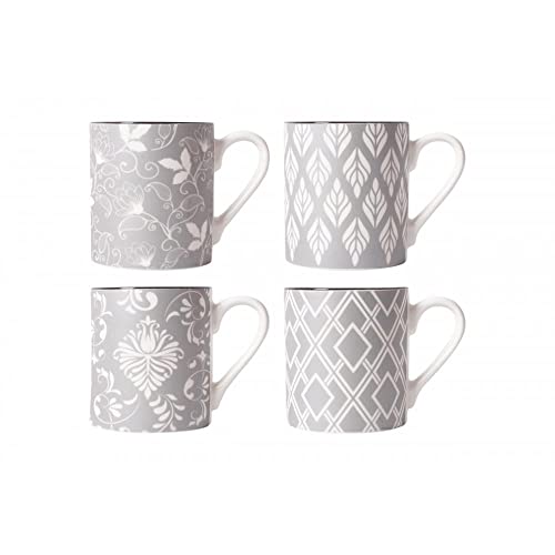 YöL Set Of 4 Porcelain New Bone China Mugs Coffee Tea Cup 17oz Grey White Floral Geometric Large