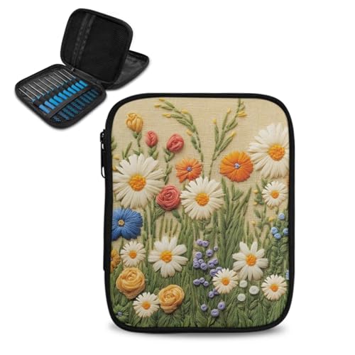 Image of Art Daisy Crochet Hook Case Crochet Hook Holder Portable Storage Bag with Web Pockets Suitable for Needles /Knitting Accessories