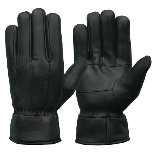 The AMA LOOK Mens Soft Nappa Sheepskin Warm Winter Leather Gloves Fleece Lining Thinsulate Gloves (Black L)