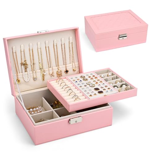 Yarmiene Joyero, Joyeros Mujer Organizador, 2 Niveles Caja Joyero Organizador Joyas Cuero PU, Portátil Joyero Viaje Caja de Joyería para Mujer para Anillos, Pendientes, Pulseras, Rosa Durazno