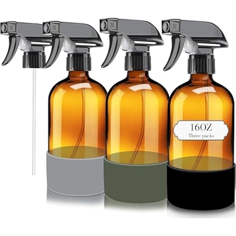 HOOPLE 3PACK Amber Glass Spray Bottles with Sillcone Sleeves, 16oz Pharmaceutical Glass, Refillable Empty Spray Bottles with 4 Nozzles, Spray Bottles for Cleaning. Cover