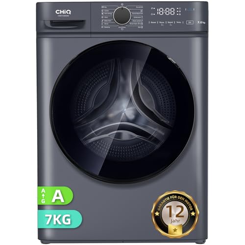 CHiQ Waschmaschine 7kg, InverterMotor, EEK A| 60x46,5x84cm, Große Tür| Eco, Speed Wash, Auto Clean, Kindersicherung|1200 U/Min, Washer Grau, CW07123863AX