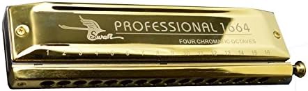Swan, 16 Holes 64 Sounds, Chromatic Harmonica, Key of C, Golden-plated, laser etching, W1664H1