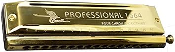 Swan, 16 Holes 64 Sounds, Chromatic Harmonica, Key of C, Golden-plated, laser etching, W1664H1