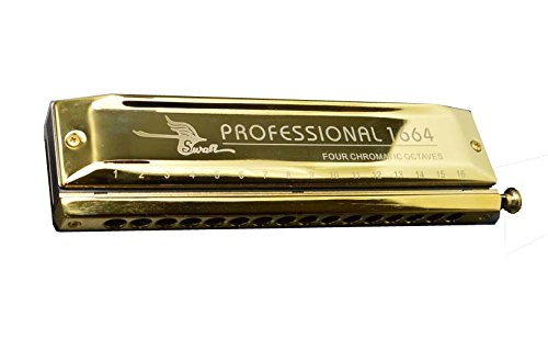 Swan, 16 Holes 64 Sounds, Chromatic Harmonica, Key Of C, Golden-Plated, Laser Etching, W1664H1 #TOP20
