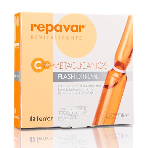 Repavar Revitalizante - Sérum Metaglicanos Flash Extreme - Efecto Tensor Inmediato - Elaborado con Vitamina C - Piel más Luminosa y Radiante - Fija el Maquillaje - 5 Ampollas de 1 ml