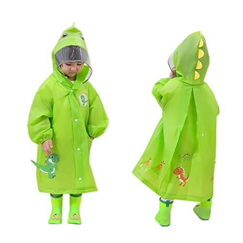 Volunboy Poncho Pluie pour Enfants, Imperméable Veste de Pluie avec Capuchon Boutons pour Fille Garçon, Cape de Pluie Motif Animalier 3D(4-5 ans,Vert,Taille L) Cover