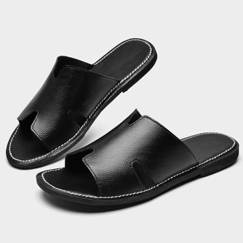 Image of Men's Genuine Leather Flat Slides Sandals Summer Classic Round Open Toe Slip On Softsole Male Sandals for Beach Walking Slides