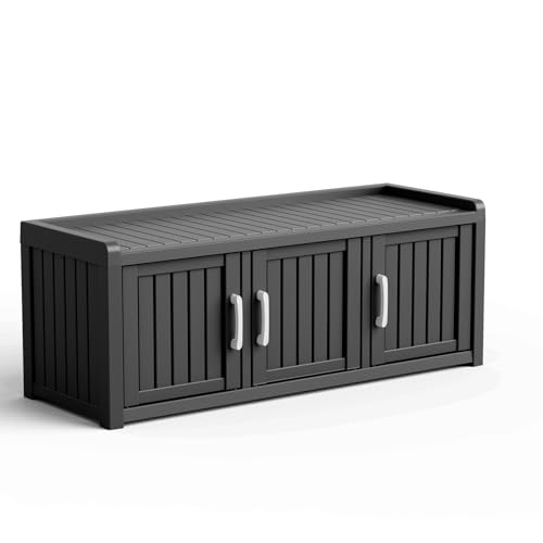 Trygoal 3 Doors Shoe Bench Waterproof & UV-Resistant Resin Shoe Cabinet Indoor & Outdoor Use Entryway Bench with Adjustable Shelves & Hidden Storage Space for Bedroom Hallway Black