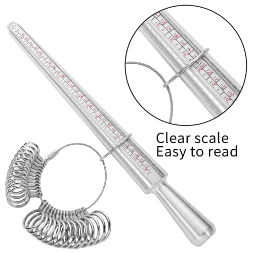 Image of Bflaae 4 PCS Ring Sizer Measuring Tool Kit with Ring Mandrel, 27 PCS Stainless Steel Ring Gauges, 2 PCS Reusable Finger Size Tape with Magnified Glass 1-17 USA Rings Size