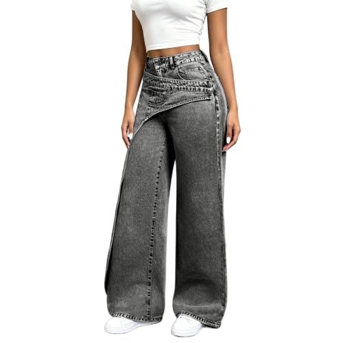 Gray Deconstructed Wide-Leg Denim Jeans