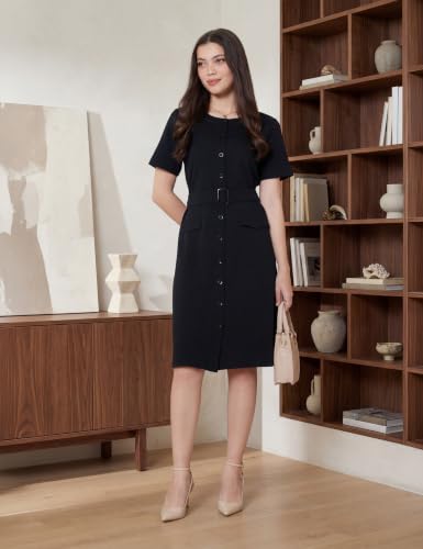 Image of Amazon Brand - Symbol Women's Cotton Blend Seersucker Knit Button-Down Dress | Belted Waist, Short Sleeve, Knee Length (Available in Plus Sizes)