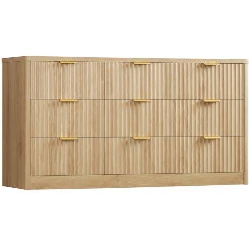TEENFON Commode 160 cm pour Chambre avec 9 Tiroirs, Commode & Meuble à Tiroirs avec Poignées en Métal, Commode Cannelée, Rangement en Bois pour Organiser...