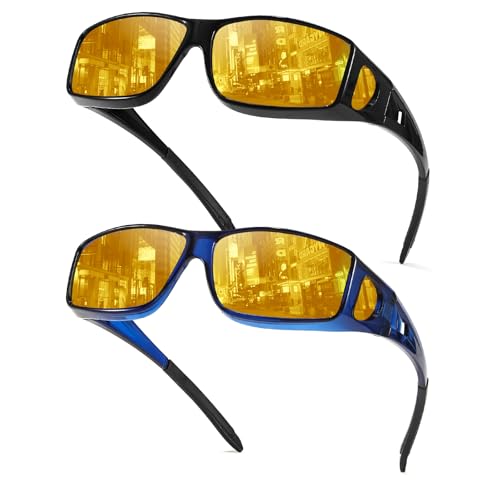 TJUTR 2 Pack Night Vision Driving Glasses Fit Over Glasses for Men Women, Anti Glare Polarized Yellow Lenses for Nighttime