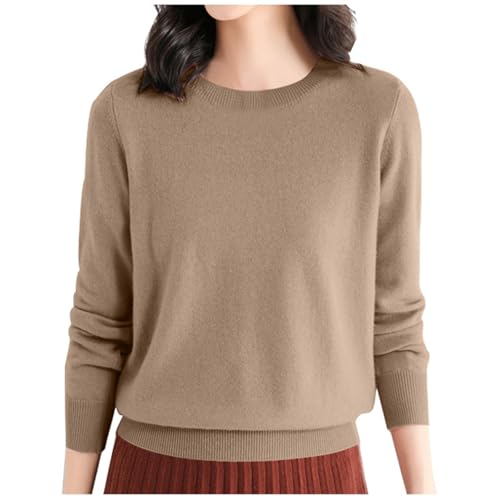 2025 - Camiseta de lana para mujer, cuello redondo, manga larga, camiseta de viaje/senderismo, suéter de lana para mujer, caqui, XXL