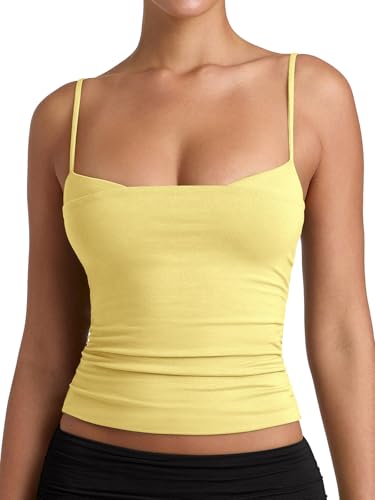 PINKMSTYLE Sleeveless Camisole Tops for Women Double Lined Spaghetti Strap Tank Top Slim Fit Cami Top Lemon Yellow Small — view 2