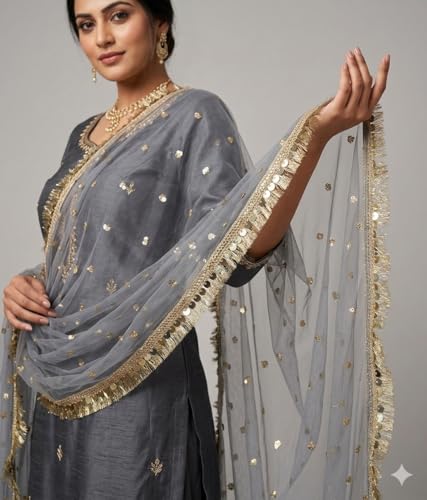 Image of Navti Creations Women's Lightweight Net Dupatta With Sequence Embroidery & Kiran Border (Length 2.25m)