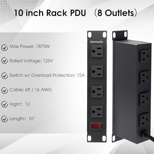 PDU Rack 10 pulgadas, 8 tomas, 15A, 125V, 1875W, carcasa metálica miniatura 3