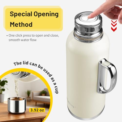 Image of 34 oz Insulated Water Bottle, Double Wall Vacuum Stainless Steel Water Flask Jug with Handle & Metal Mechanical Temperature Measuring Cup Lid, Leakproof Travel Bottle Keep Cold 36h Hot 24h