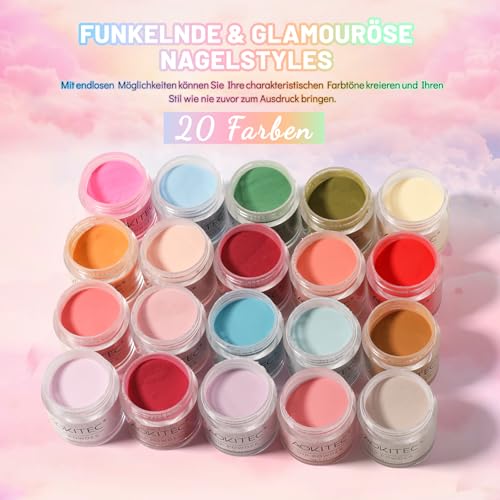 Aokitec 92 Stück Dipping Powder Nails Set - Nagelset Gelnägel Starterset mit 20 Farben Dipping Powder Aufbaupuder Dip Liquid Base Nagel Einweichschale Powder Recycling Tools Nagelöl Nagel Zubehör