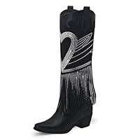 driceic Rhinestone Cowboy Boots Fringe Knee High Cowgirl Boots Sparkly Cowboy Boots Glitter Sparkle Cowgirl Boots, Rhinestone Black, 7 UK