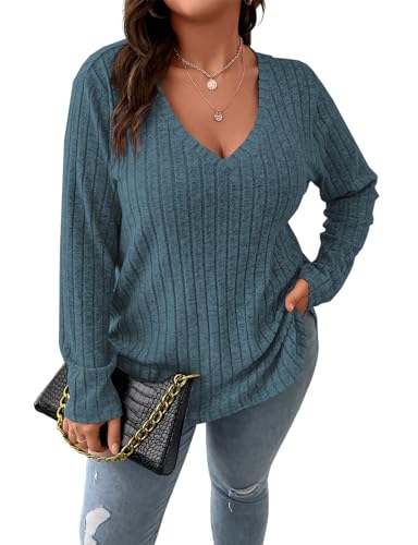 Image of Koscacy Women Plus Size Casual Knit Sweater V Neck Solid Color Tops Lightweight Long Sleeve Blouses
