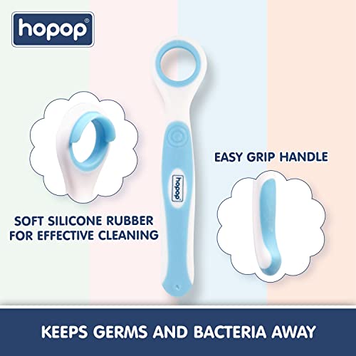 Image of Hopop Tongue Cleaner for Baby | Rounded Edges Baby Oral Cleaner Toothbrush | 100% Safe Kids Tongue Cleaner | Suitable from 3+ Months | Pack of 2 | Blue & Orange