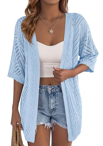 PRETTYGARDEN Women Lightweight Summer Short Sleeve Cardigan, Light Blue,XXL