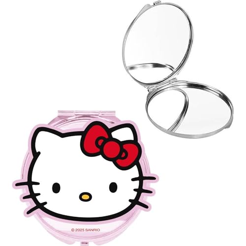 Hello Kitty Miroir de coiffeuse pliable avec double miroir et design classique en forme ronde | Accessoire portable rose avec image frontale et structure...