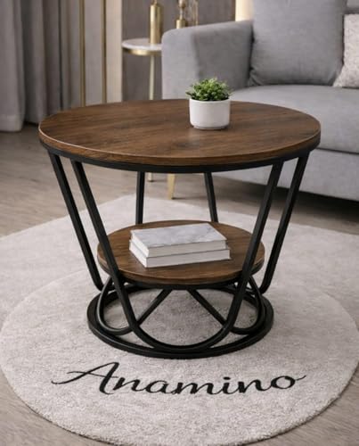 Image of Multi-Purpose Round Coffee Table Marble Look Sofa Tea Table 2-Tier Compact Center Table with Open Shelf Storage for Living Room Bedroom (Black Walnut)