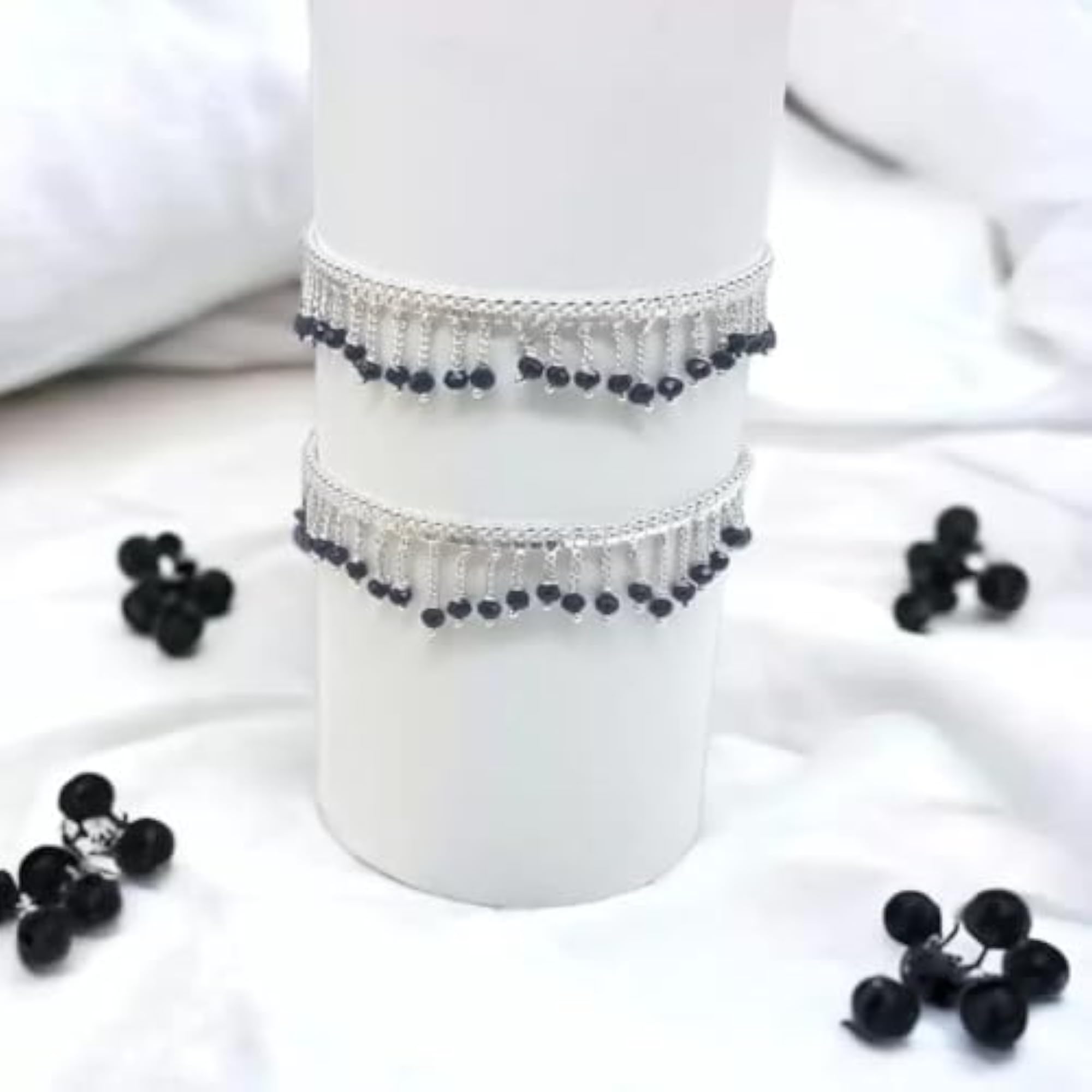 Set of 2 Silver Tone Anklets with Black Crystal Beads