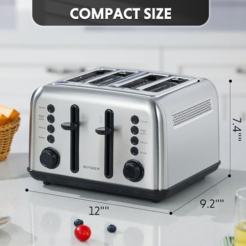 Image of BUYDEEM DT640 Retro 4 Slice Toaster, 7 Shade Settings, Extra Wide 1.5'' Slots, Stainless Steel Toaster with Bagel Muffin Defrost Reheat Function, Retro Silver
