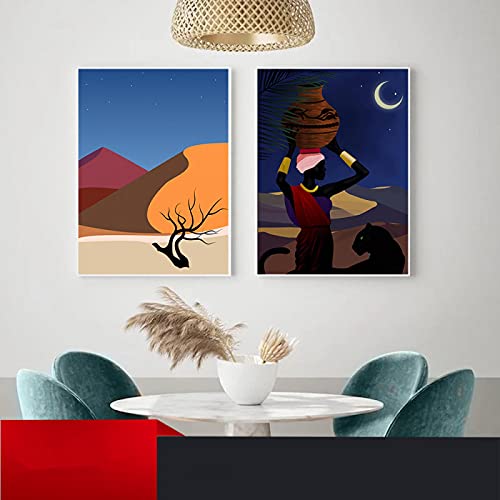Peinture affiche soleil noir femme paysage abstrait nordique brun 40x50