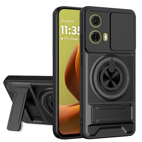 Image of AESTMO Moto G85 5G Back Cover | Armor Camera Slider 360 Degree Rotating Finger Ring Holder Case with Bracket Stand Back Case Cover for Moto G85 5G (Compatible with MagSafe Accessories) (Black)