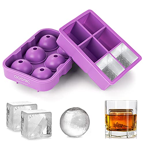 Ice Cube Trays Silicone Set Of 2, Sphere Ice Ball Maker With Lid And Large Square Ice Cube Molds For Whiskey, Reusable And Bpa Free-Purple #TOP26