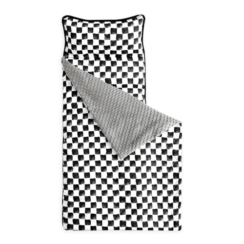 Wake In Cloud - Toddler Nap Mat with Pillow and Minky Fleece Blanket, for Kids Boys Girls Ages 3 Plus in Daycare Preschool, Roll Up Sleeping Bag, Gingham Grid Checkered, Black White, Standard