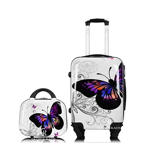 Gloria Kaos - Set bis - Valise en polycarbonate souple ultra légère pour bagage à main (papillon 50 cm + Vanity Case Mini)