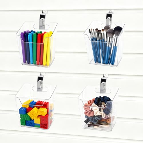 Klmnop 4 Pack Clear Slatwall Bins with 8 Hooks, Slat Wall Organizer Cups and Accessories, Transparent Hanging Storage Bins for Garage, Office, Workshop, Craft Room(Clear)