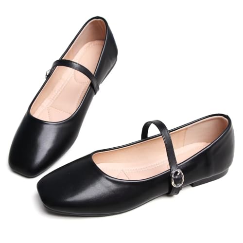 Image of TN TANGNEST Leather Flats for Women Retro Mary Jane Flats | Comfortable Square Toe Slip On Flats with Buckle Strap, Soft Work Flats Office Shoes
