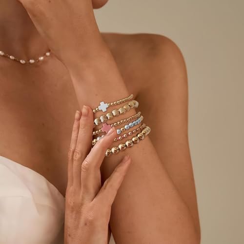 ecozran Gold Beaded Bracelets for Women Trendy Non Tarnish Gold Bracelet Stack Jewelry Sets, Paperclip and Cross Design Bracelets, Ideal as Birthday Gifts4