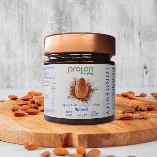 ProLon - Crema untable de almendras y cacao - 74% de almendras - 100% vegana - Sin gluten - Sin aceite de palma - Sin leche ni derivados - Sin soja - 18% de proteínas - «Made in Italy»