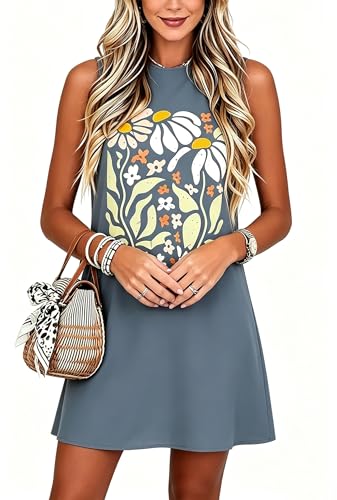 Image of Sun Salt Sand Coconut Tree Tank Mini Dress for Women Sleeveless Beach Praty Shirts Summer Vacation Short Mini Dresses