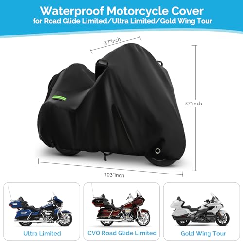 Image of Motorcycle Cover for Touring Road Glide /Ultra Limited /Gold Wing Tour /Indian Pursuit, 210T Waterproof Sun UV Rain Outdoor Protection Motorbike Cover with Lock Hole & Soft Cotton Lining