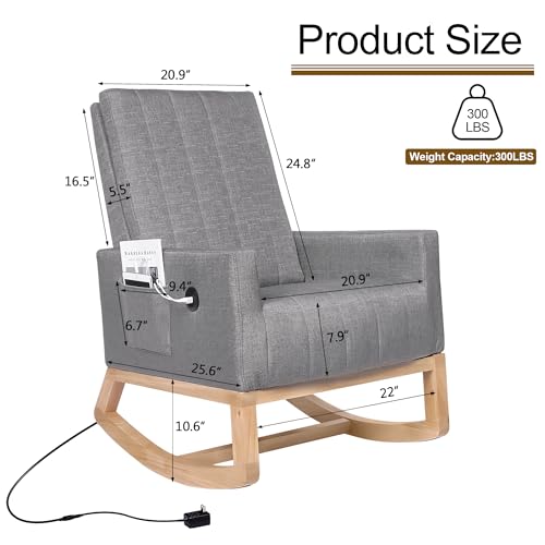 VECELO Rocking Chair Nursery, Modern Upholstered Glider Rocker with USB Port and Side Pocket, High Backrest Padded Seat Accent Armchair for Living Room, Nursery, Bedroom