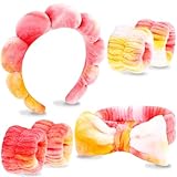 VELSCRUN Spa Headband, Makeup Face Wash Skincare Headbands, 6 Pcs Orange Sponge Bow Tie Get Ready HairBand Facial Wristband Set, Stuff for Teen Girls Women Trendy Fashion Hair Accessories