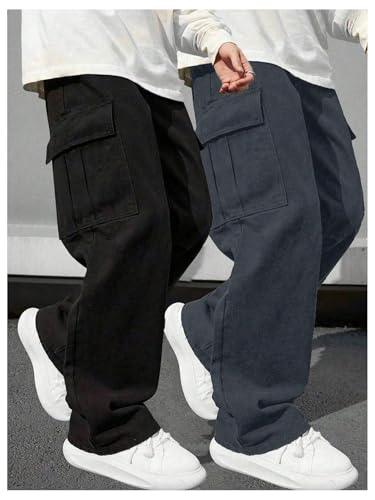 GORGLITTER Boy's 2 Pack Baggy Pants Elastic Waist Wide Leg Cargo Pants Streetwear Trousers2