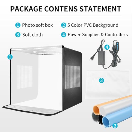 Pro 24"x24" Photo Studio Light Box 3-Side Light Panel/3-Temp/Dimmable 10%-100%/CRI95+ with 5 PVC Backdrops Portable Softbox for Jewelry, 336 True-Color LEDs Product Photography