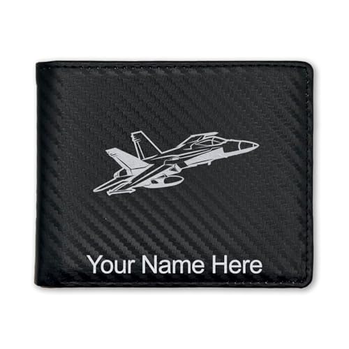 LaserGram Faux Leather Bi-Fold Wallet, Fighter Jet 2, Personalized Engraving Included (Carbon Fiber Black with Silver)